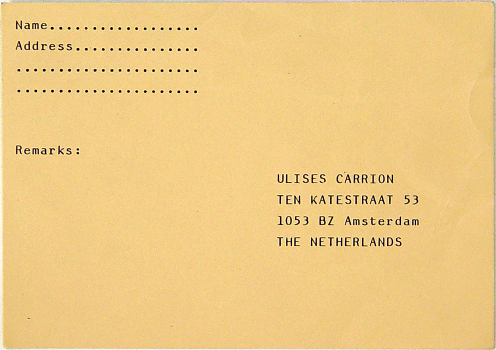 The text on this invitation to get more details reads: 'I'm going to produce an artwork involving people named either Rob (Bob, Robert, Roberto, etc.) or Marta (Martha, Marthe, etc.). Profession, nationality, and place of residence are irrelevant. Please return this card to me if you want further information.'